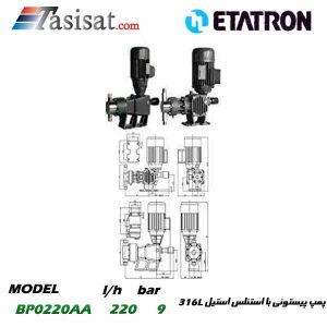 پمپ پیستونی ETATRON با استنلس استیل 316L (سه فاز با پیستون مکانیکی و سیل مکانیکی VITON) مدل BP0220AA